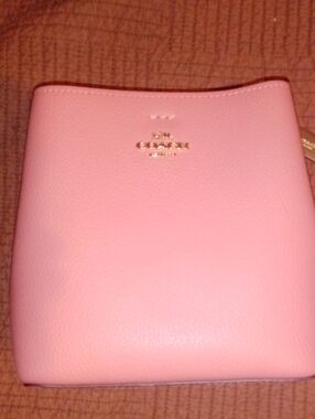 Coach Pink Pebble Leather Mini Crossbody with Gold Logo.READ Descript. No Strap!